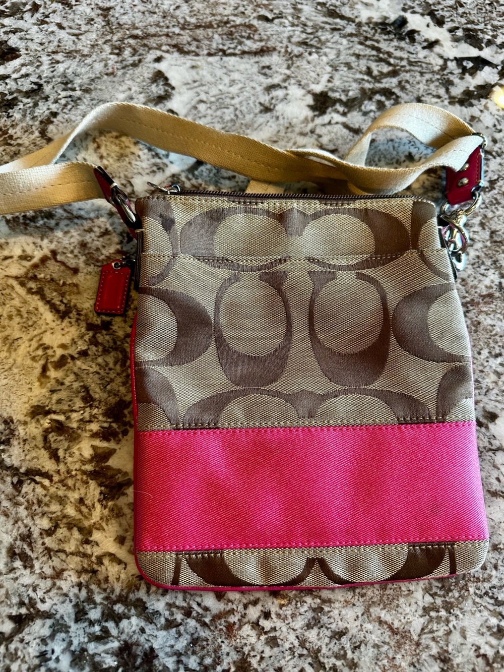 Coach Pink and Khaki Signature Canvas Crossbody